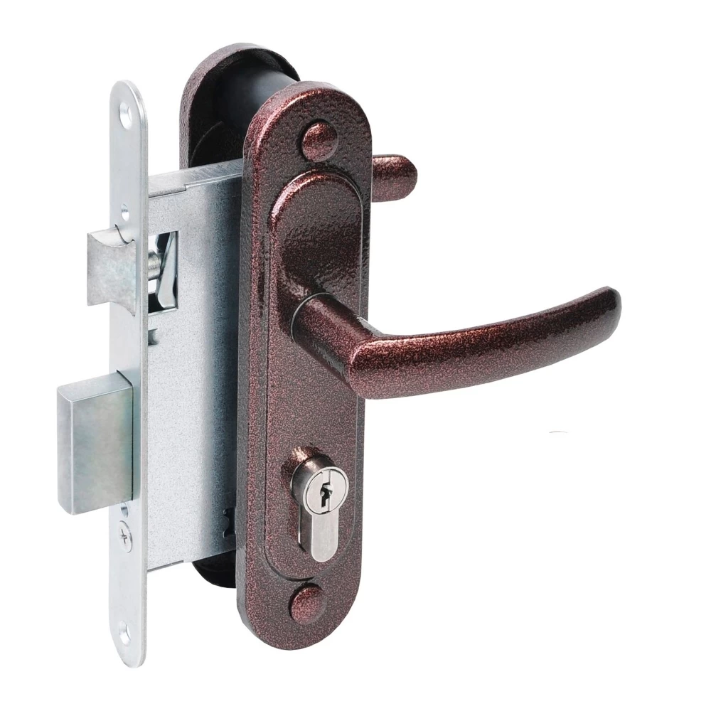 Фото Замок врезной цилиндровый с защёлкой в комплекте с ручкой ЗВ4.2-08 (медь антик), 4 кл.