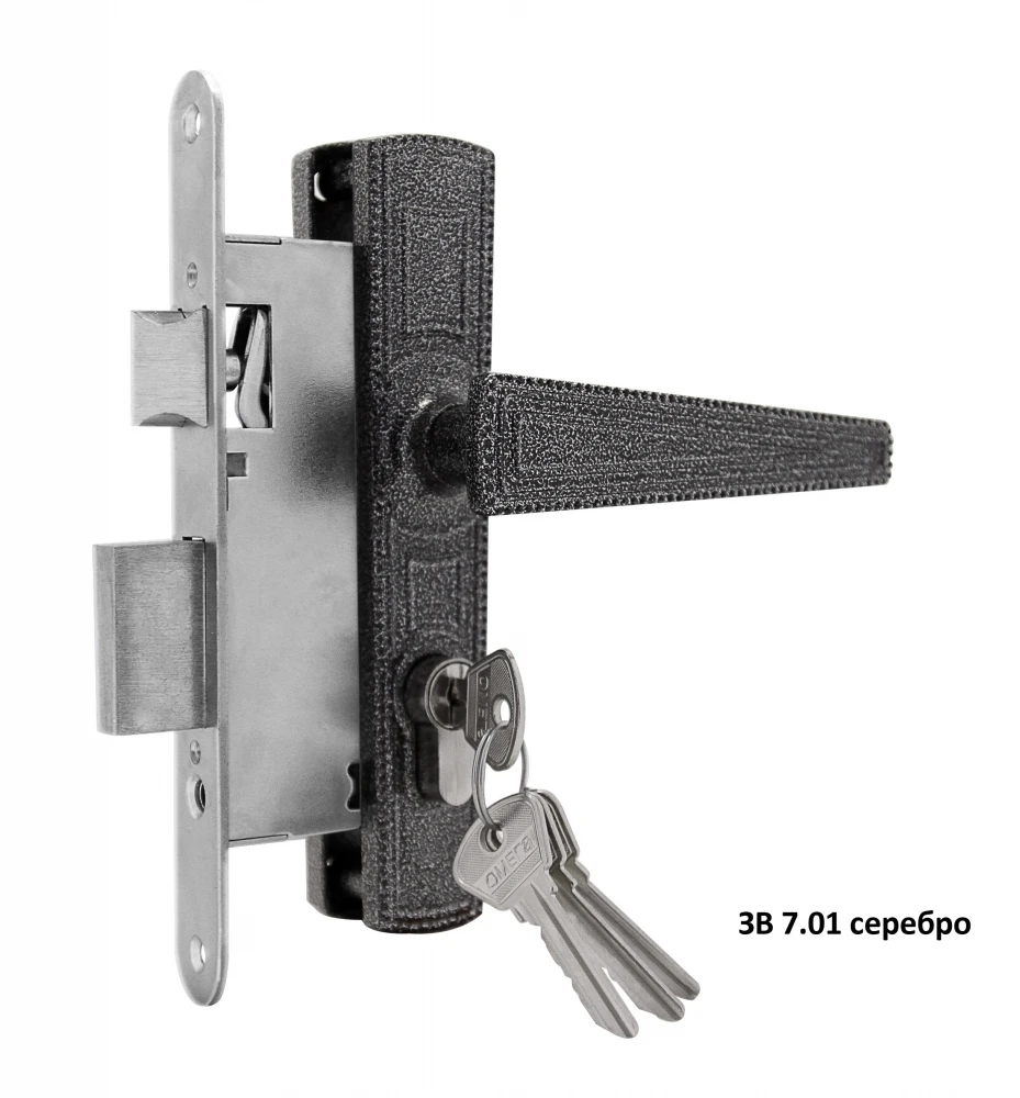 Фото Замок врезной цилиндровый с защёлкой в комплекте с ручкой ЗВ7.01 (серебро), 4 кл.
